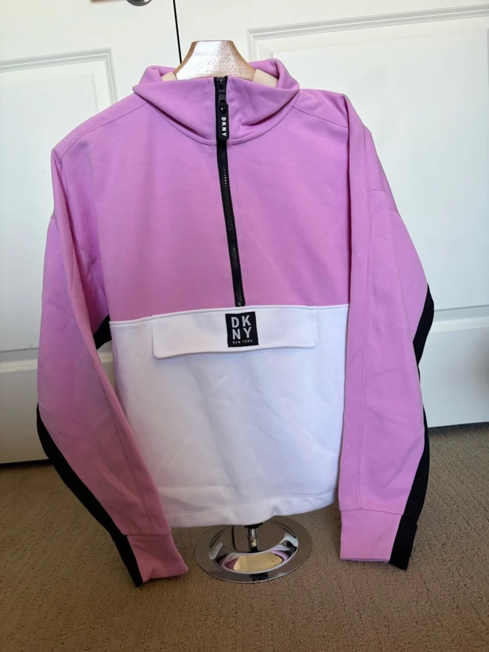 DKNY Pink and White Half-Zip Pullover Hoodie - Picture 2 of 4